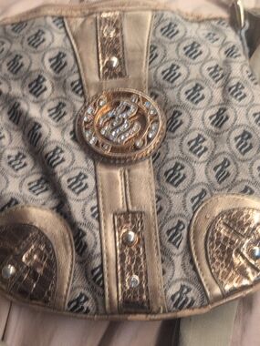 Rocawear Beige and Gold Monogram Shoulder Bag with Medallion